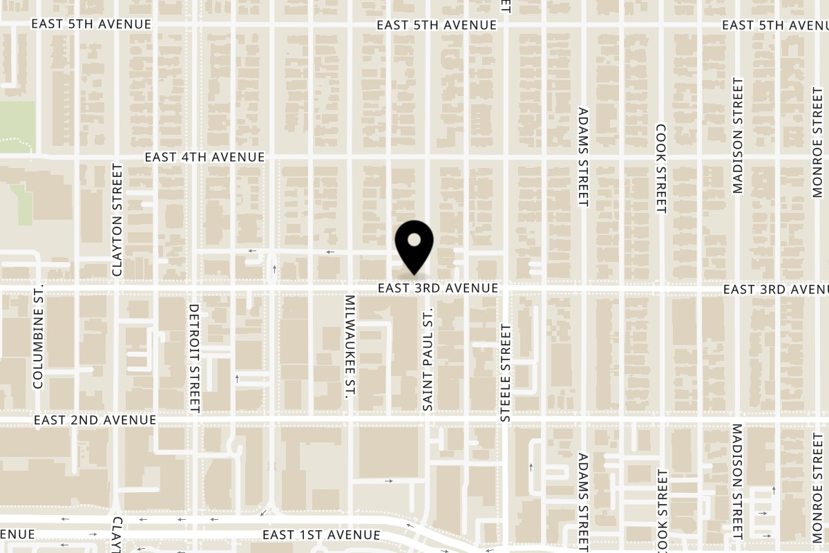 Map showing the location of Cucina Colore on 3041 E 3rd Ave in Denver